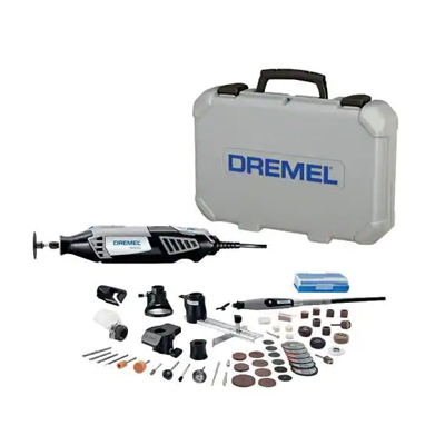 DREMEL<sup>&reg;</sup> Rotary Tool Kit - The Dremel 4000 variable speed rotary tool offers the highest performance and most versatility of all Dremel rotary tools. Also, it can use all existing Dremel rotary tool accessories and attachments plus high-performance attachments to complete the widest range of projects. A slim, ergonomic body provides a 360-degree grip zone for comfort and control in any grip position. Kit includes Dremel tool, 6 attachments, 50 high-quality Dremel accessories, deluxe carrying case, and accessory case.